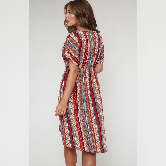 Aztec Red Teal Short Sleeve Tulip Hem Dress - Picture 8 of 11